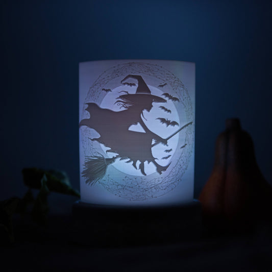 Lithophane Komplettset halbrund - Hexe mit Fledermäusen