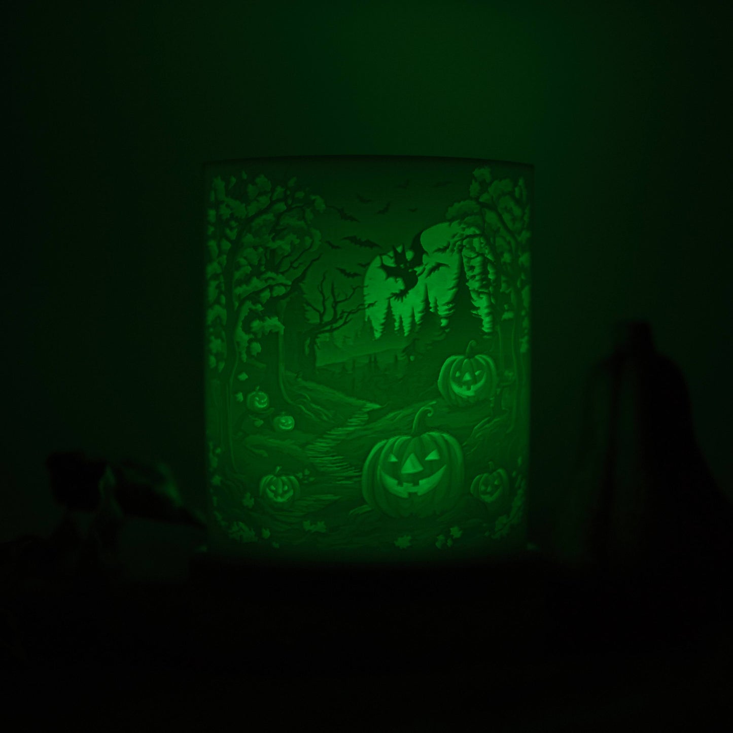 Lithophane Komplettset halbrund - Gruseliger Wald mit Kürbis