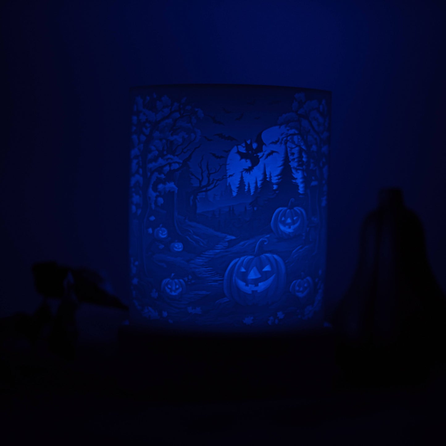 Lithophane Komplettset halbrund - Gruseliger Wald mit Kürbis