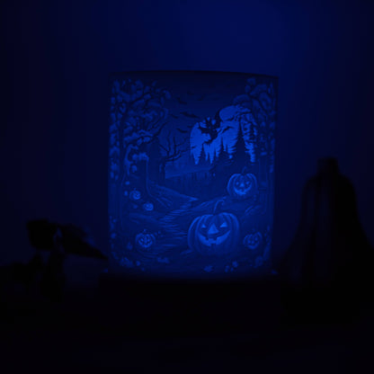 Lithophane Komplettset halbrund - Gruseliger Wald mit Kürbis