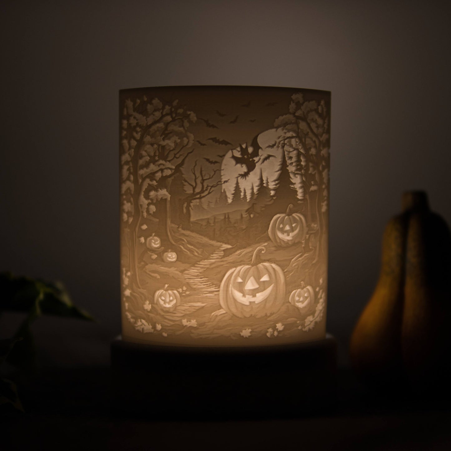 Lithophane Komplettset halbrund - Gruseliger Wald mit Kürbis